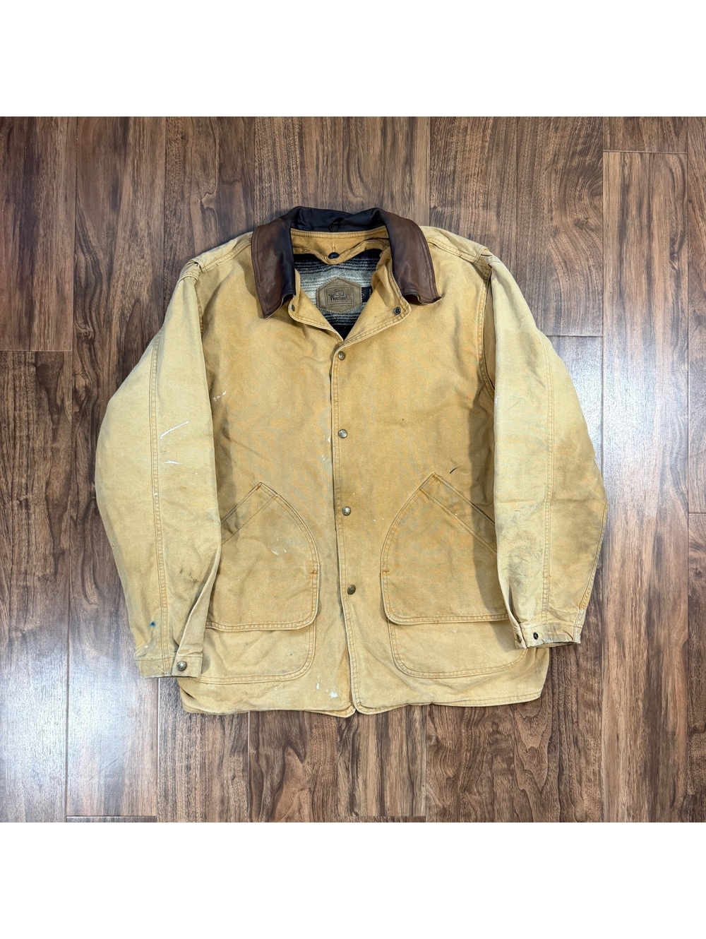 Vintage Woolrich Canvas Chore Jacket L Tan Aztec Wool Blanket Lined USA